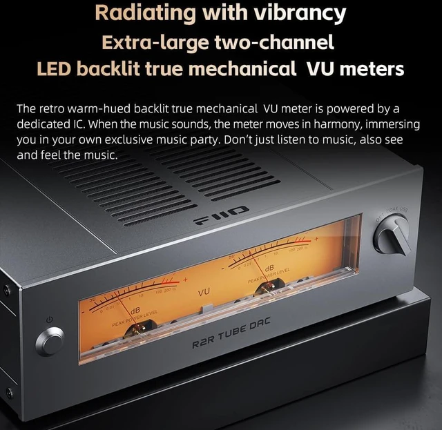 Alt view image 5 of 7 - FIIO Warmer R2R Desktop Tube Buffer & R2R DAC/Amp Fully Differential 24-Bit R2R Resistor Ladder, Dual VU Meters, 46W Linear Power Supply, USB/Optical/Coaxial Inputs, RCA/XLR Output (Black) silver