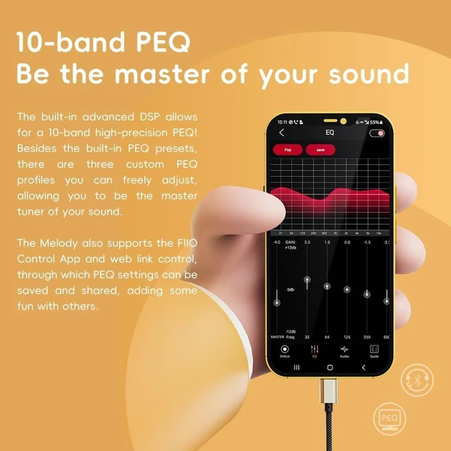Alt view image 5 of 6 - FiiO/Snowsky Melody Headphone Amplifier Portable DAC with 4.4mm and 3.5mm Headphones Outputs Support DSD256, 10-Band PEQ for Android/iOS/Mac/Windows (Walnut)