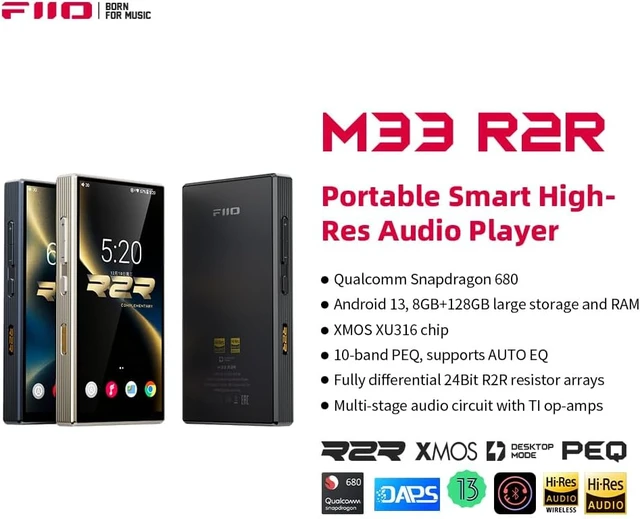 Alt view image 2 of 7 - FiiO M33 R2R Portable HiFi Music Player, Snapdragon 680, 8GB RAM + 128GB Storage, True R2R DAC, XMOS XU316 USB Audio, 1100mW Balanced Output, AUTO EQ, 5.5 Full HD Display (Black)