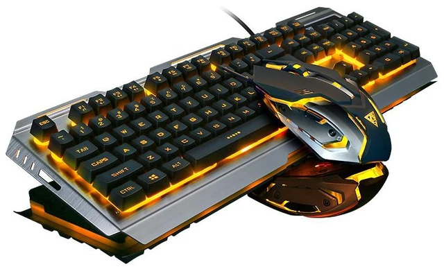 Main image of Gaming Keyboard and Mouse Combo Orange Yellow Backlit, LED Backlight Computer Gaming Keyboad,Lighted PC Gaming Mouse,USB Keyboard Clicky Key,Silver Metal Structure,for Xbox PS4 PS3 Working