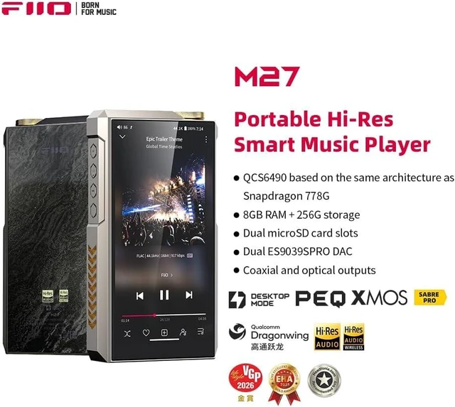 Alt view image 4 of 7 - FiiO M27 Android HiFi Music Player, Dual ES9039SPRO DACs, 8GB+256GB with Dual microSD, 5000mW Balanced Amp, 3.5/4.4/6.35mm Outputs, LDAC/aptX Lossless, 31-Band PEQ(Titanium Alloy Edition)