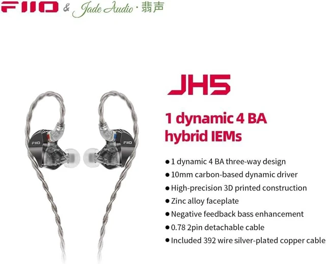 Alt view image 4 of 6 - FiiO/JadeAudio JH5 1DD+4BA Hybrid 5 Drivers HiFi in-Ear Monitors Earphone, Detachable 0.78mm 2 Pin Cable 3.5mm Plug for Audiophile/Musician (Black)