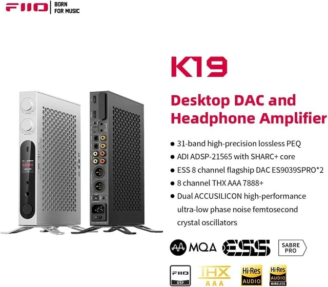Alt view image 3 of 7 - FiiO K19 Dual ES9039SPRO Desktop DAC HiFi Audio DSD512, 31-Band PEQ, XMOS XU-316 for HDMI/Coaxial/Optical Audio Decoder (Silver)
