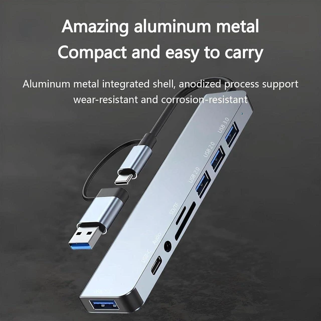 Alt view image 7 of 7 - USB C Hub USB Hub 3.0, Aluminum 8 in 1 USB Extender Splitter with SD/TF Card Reader, 3.5mm Aux Headphone Jack for MacBook Pro Air and More PC/Laptop/Tablet Devices