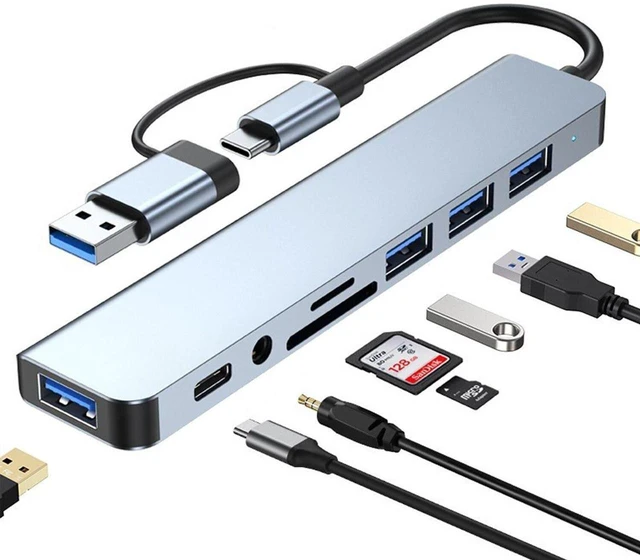 Main image of USB C Hub USB Hub 3.0, Aluminum 8 in 1 USB Extender Splitter with SD/TF Card Reader, 3.5mm Aux Headphone Jack for MacBook Pro Air and More PC/Laptop/Tablet Devices