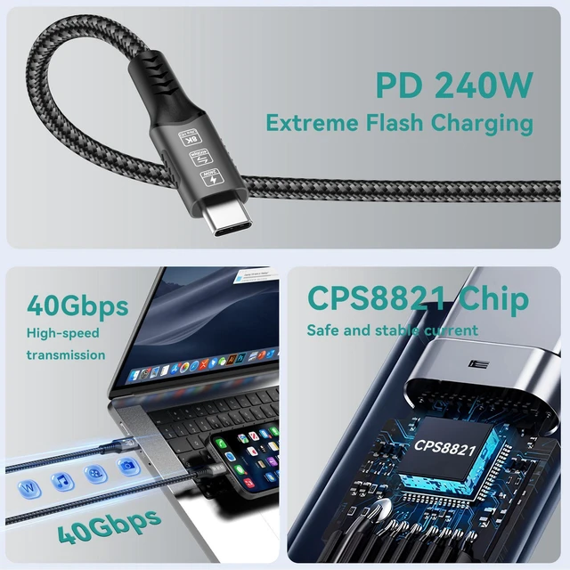 Alt view image 2 of 7 - USB C Cable(1.6FT, 240W), USB 4 Data Cable, 40Gbps, 8K HD Display, Thunderbolt 4/3 Compatible, for iPhone 16, MacBook, Hub, Docking and More