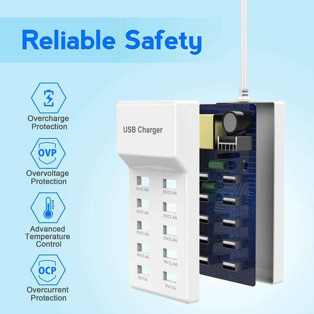 Alt view image 3 of 5 - USB Wall Charger 10-Port USB Charger Station with Rapid Charging Auto Detect Technology Safety Guaranteed Family-Sized Smart USB Ports for Multiple Devices Smart Phone Tablet Laptop Computer