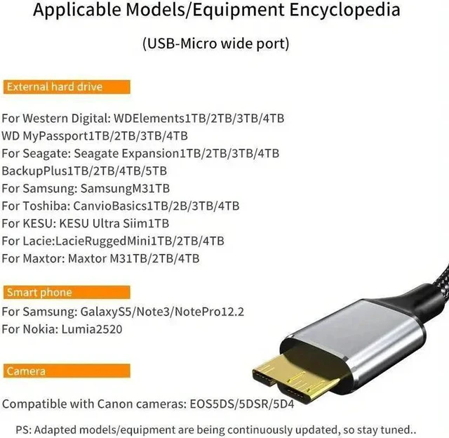 Alt view image 7 of 7 - USB 3.0 Hard Drive Cable, USB 3.0 A Male to Micro B High Speed Sync Cord Adapter For SSD HDD External Hard Drive 1.64 ft.