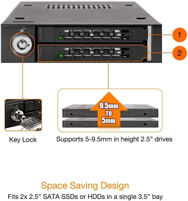 Alt view image 4 of 7 - ICY DOCK Full Metal 2 Bay 2.5 SATA/SAS HDD & SSD Mobile Rack for External 3.5" Drive Bay | ToughArmor MB992SK-B MB491SKL-B