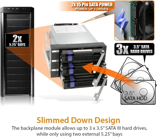 Alt view image 5 of 7 - ICY DOCK 3 Bay 2.5/ 3.5in SATA/SAS Hard Drive SSD Hot Swap Backplane Enclosure in 2X 5.25 Bay | FatCage MB153SP-B