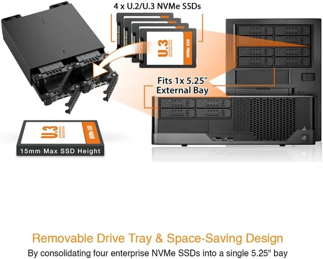 Alt view image 4 of 7 - ICY DOCK ToughArmor MB699V5P-B 4-Bay PCIe 5.0 U.2/U.3 NVMe SSD Mobile Rack Enclosure for External 5.25" Drive Bay (2 x MCIO 8i SFF-TA-1016)