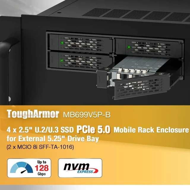 Alt view image 5 of 7 - ICY DOCK ToughArmor MB699V5P-B 4-Bay PCIe 5.0 U.2/U.3 NVMe SSD Mobile Rack Enclosure for External 5.25" Drive Bay (2 x MCIO 8i SFF-TA-1016)