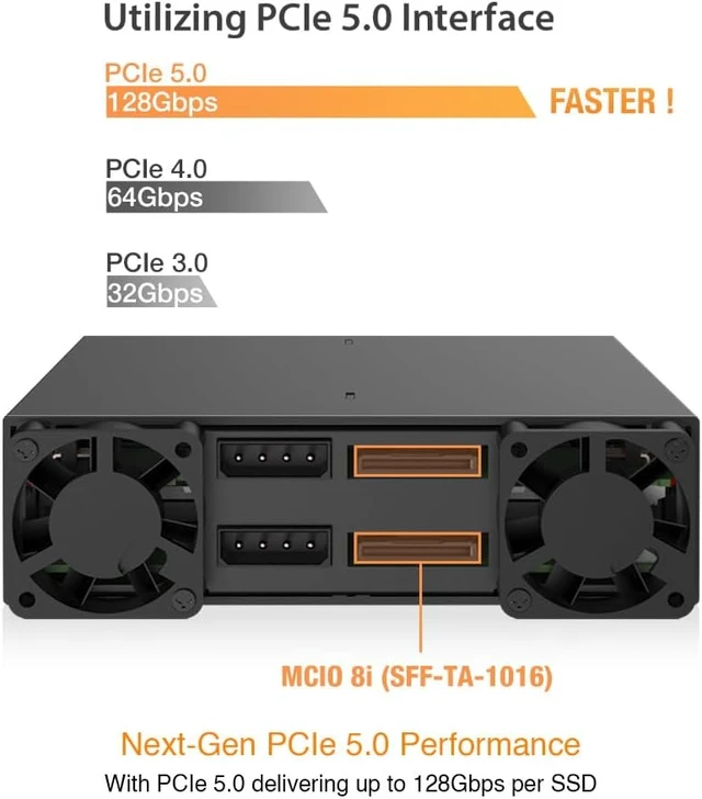 Alt view image 3 of 7 - ICY DOCK ToughArmor MB699V5P-B 4-Bay PCIe 5.0 U.2/U.3 NVMe SSD Mobile Rack Enclosure for External 5.25" Drive Bay (2 x MCIO 8i SFF-TA-1016)