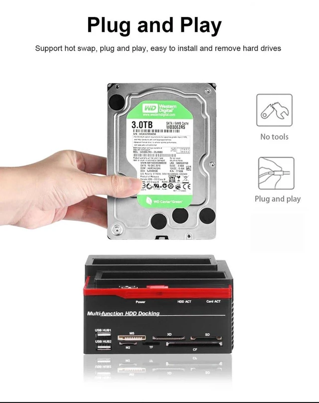 Alt view image 6 of 7 - 2.5/3.5" SATA IDE HDD Docking Station USB 2.0 to SATA External HDD Station Clone Function, USB Hard Drive Docking Station MS/M2/XD/CF/SD/TF Card Reader (US Plug)