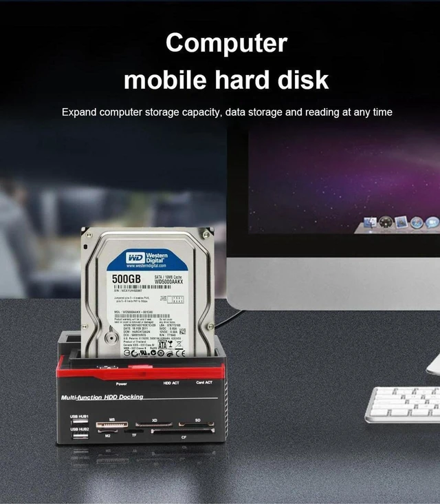 Alt view image 5 of 7 - 2.5/3.5" SATA IDE HDD Docking Station USB 2.0 to SATA External HDD Station Clone Function, USB Hard Drive Docking Station MS/M2/XD/CF/SD/TF Card Reader (US Plug)
