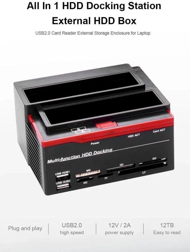 Alt view image 3 of 7 - 2.5/3.5" SATA IDE HDD Docking Station USB 2.0 to SATA External HDD Station Clone Function, USB Hard Drive Docking Station MS/M2/XD/CF/SD/TF Card Reader (US Plug)