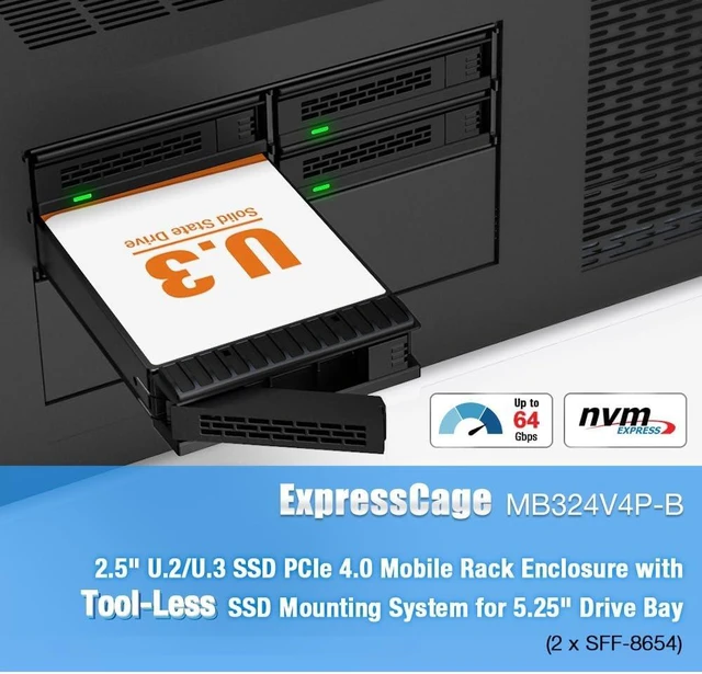 Alt view image 4 of 7 - ICY DOCK ExpressCage MB324V4P-B 4 Bay 15mm U.2/U.3 SSD Mobile Rack for 5.25 Drive Bay Tool-Less SSD Mounting System (2 x SlimSAS 8i SFF-8654)