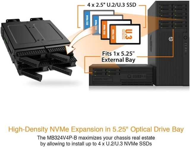 Alt view image 2 of 7 - ICY DOCK ExpressCage MB324V4P-B 4 Bay 15mm U.2/U.3 SSD Mobile Rack for 5.25 Drive Bay Tool-Less SSD Mounting System (2 x SlimSAS 8i SFF-8654)