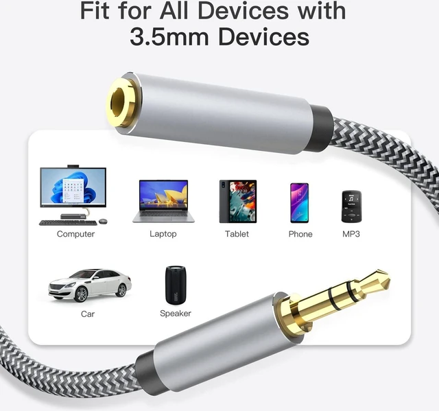 Alt view image 7 of 7 - Audio Auxiliary Stereo Audio AUX Extension Cable 3.5mm Stereo Jack Male to Female, Stereo Jack Cord for Phones, Headphones,Tablets and More
