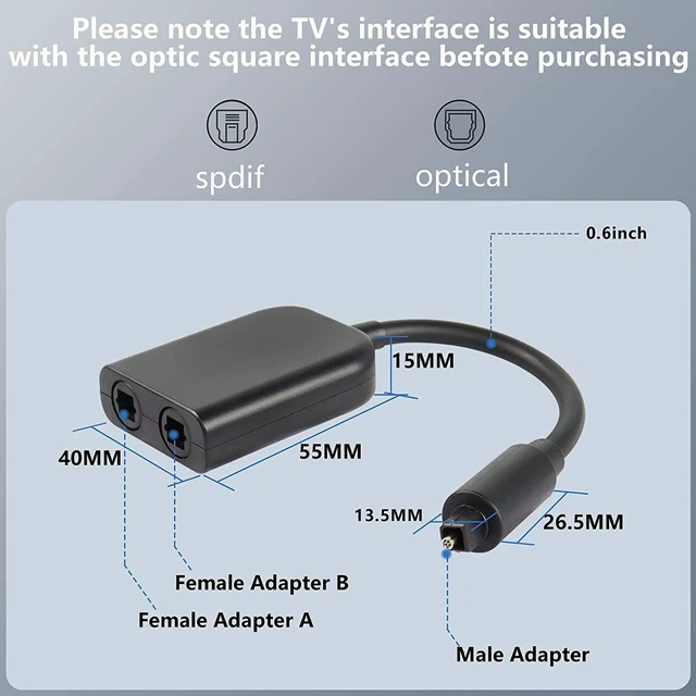 Alt view image 3 of 6 - Optical Fiber Splitter 1 in 2 Out Optical Audio Splitter, Upgraded Fiber Optical Splitter with Connectors for CD Player, DVD Player 3pack