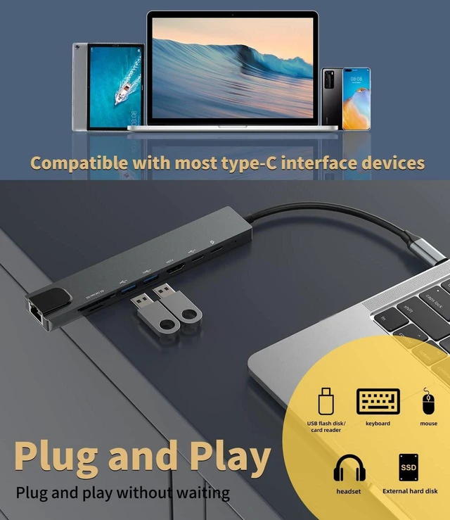 Alt view image 5 of 7 - 8 in1 USB C Hub to Adapter RJ45 100mbps Laptop Docking Station Splitter, for Multiport Adapter for Dell HP MacBook pro iPhone15 Pro Max iPad Pro Air SD TF RJ45 USB Extender Hub PD
