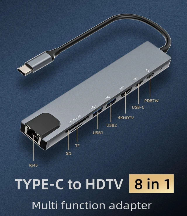 Alt view image 7 of 7 - 8 in1 USB C Hub to Adapter RJ45 100mbps Laptop Docking Station Splitter, for Multiport Adapter for Dell HP MacBook pro iPhone15 Pro Max iPad Pro Air SD TF RJ45 USB Extender Hub PD