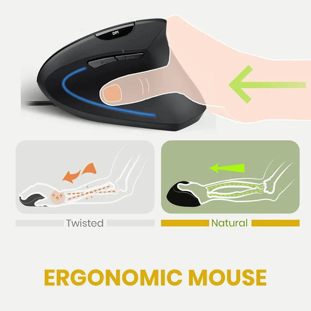 Alt view image 3 of 7 - Perixx PERIMICE-513C Wired Vertical USB-C Mouse, 6 Buttons, Adjustable 1000/1600 DPI, Right-Handed, 5.9ft Cable, Black