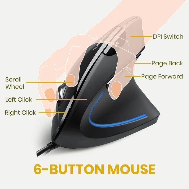 Alt view image 2 of 7 - Perixx PERIMICE-513C Wired Vertical USB-C Mouse, 6 Buttons, Adjustable 1000/1600 DPI, Right-Handed, 5.9ft Cable, Black