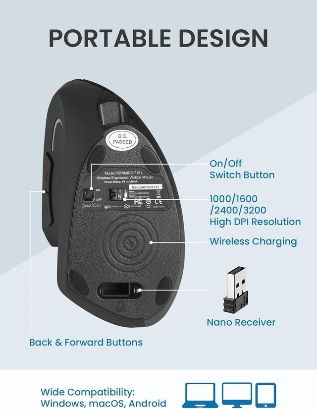 Alt view image 6 of 7 - Perixx PERIMICE-713LR - Cordless Rechargeable Vertical Mouse - Duo Wired and Wireless Charging Feature - 6 Buttons Design - Black - Left Handed