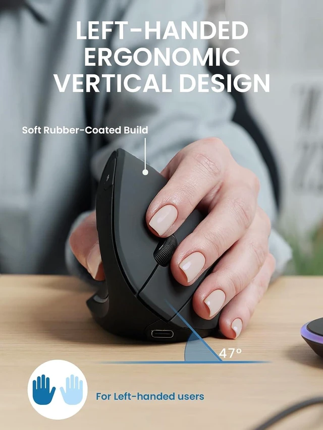 Alt view image 4 of 7 - Perixx PERIMICE-713LR - Cordless Rechargeable Vertical Mouse - Duo Wired and Wireless Charging Feature - 6 Buttons Design - Black - Left Handed
