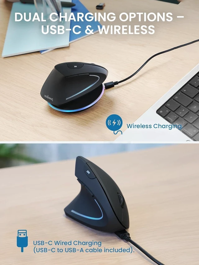 Alt view image 3 of 7 - Perixx PERIMICE-713LR - Cordless Rechargeable Vertical Mouse - Duo Wired and Wireless Charging Feature - 6 Buttons Design - Black - Left Handed