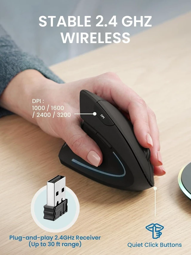 Alt view image 2 of 7 - Perixx PERIMICE-713LR - Cordless Rechargeable Vertical Mouse - Duo Wired and Wireless Charging Feature - 6 Buttons Design - Black - Left Handed