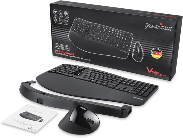 Alt view image 4 of 7 - Perixx Periduo-605, Wireless Ergonomic Split Keyboard and Vertical Mouse Combo, Adjustable Palm Rest and Membrane Low Profile Keys, Black, US English Layout (11633)