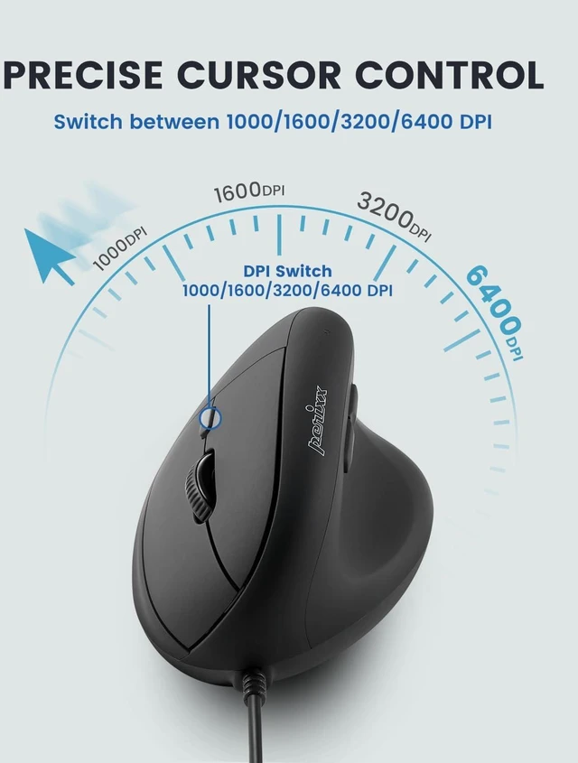 Alt view image 6 of 7 - Perixx PERIMICE-508II Wired Vertical Ergonomic Mouse - 6 Buttons, Adjustable DPI 1000/1600/3200/6400, Optical Sensor, USB Plug and Play, Right-Handed, Black