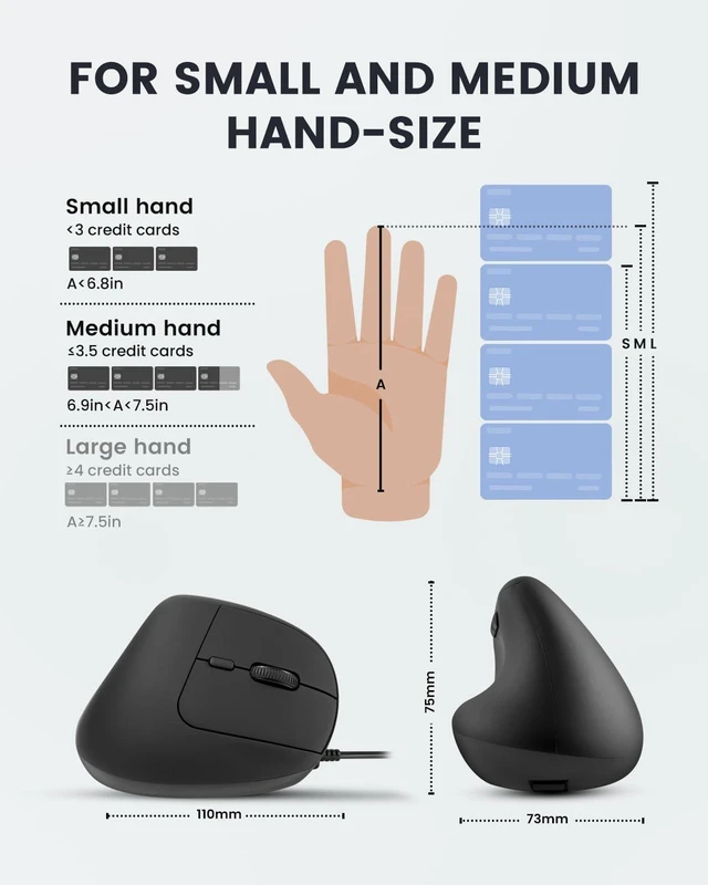 Alt view image 5 of 7 - Perixx PERIMICE-508II Wired Vertical Ergonomic Mouse - 6 Buttons, Adjustable DPI 1000/1600/3200/6400, Optical Sensor, USB Plug and Play, Right-Handed, Black