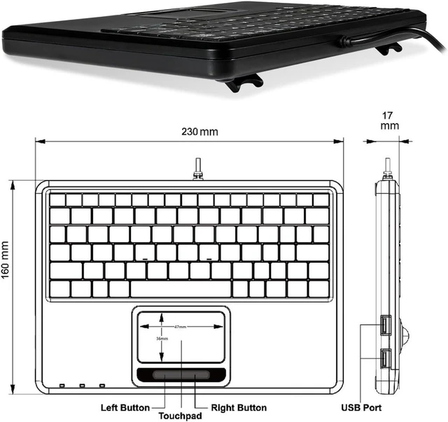 Alt view image 2 of 5 - Perixx PERIBOARD-510H Plus, Wired Super Mini USB Touchpad Keyboard, X Type Scissor Keys with 2 Built-in Hubs, Black, US English Layout (11005)