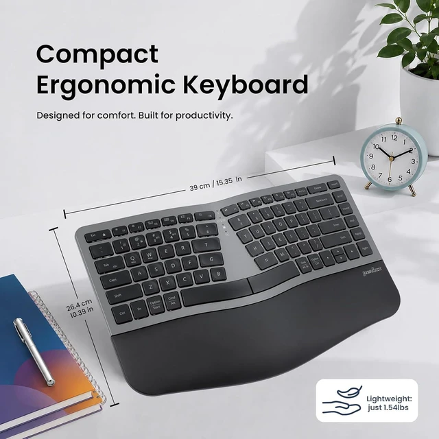 Alt view image 5 of 7 - Perixx PERIBOARD-818 Compact Wireless Ergonomic Keyboard - White Backlit White Backlit 4 Device Multi Connect Wireless Compact Design Quiet Keys