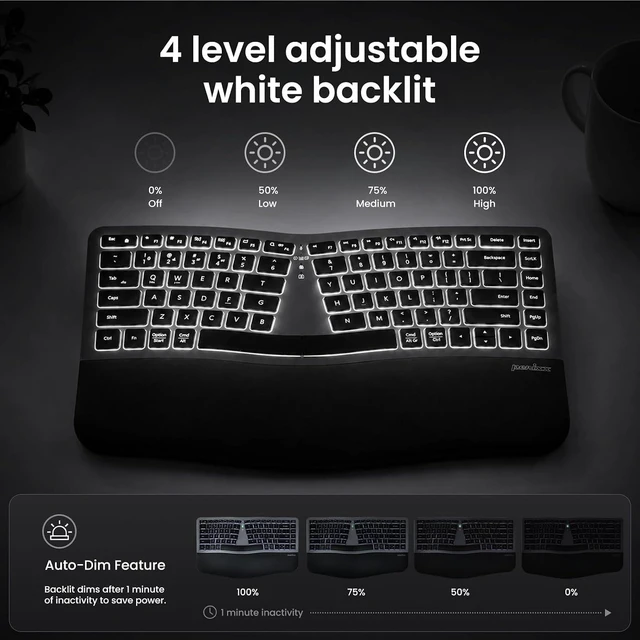 Alt view image 3 of 7 - Perixx PERIBOARD-818 Compact Wireless Ergonomic Keyboard - White Backlit White Backlit 4 Device Multi Connect Wireless Compact Design Quiet Keys