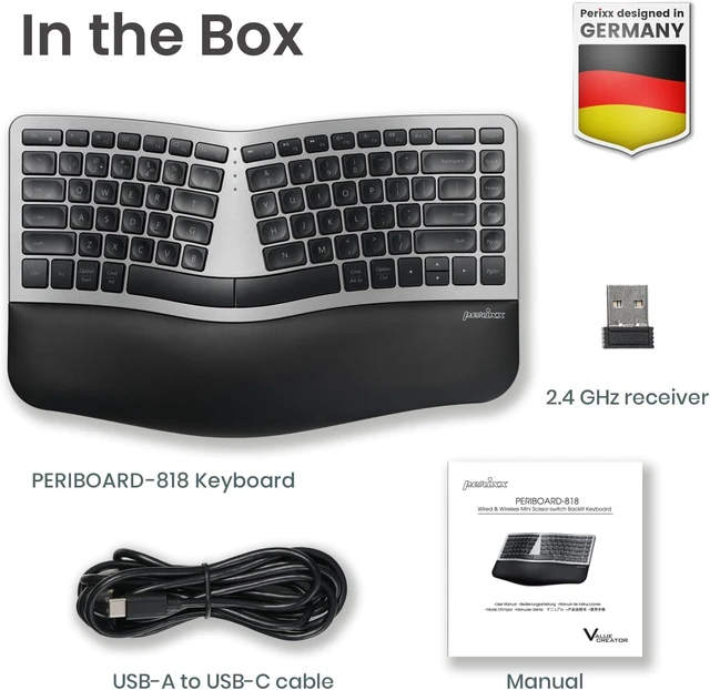Alt view image 4 of 7 - Perixx PERIBOARD-818 Compact Wireless Ergonomic Keyboard - White Backlit White Backlit 4 Device Multi Connect Wireless Compact Design Quiet Keys