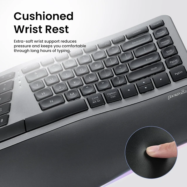 Alt view image 6 of 7 - Perixx PERIBOARD-818 Compact Wireless Ergonomic Keyboard - White Backlit White Backlit 4 Device Multi Connect Wireless Compact Design Quiet Keys