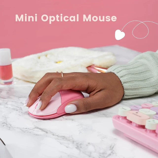 Alt view image 5 of 7 - Perixx PERIDUO-802PK Bluetooth Mini Keyboard and Mouse Combo - Retro Round Key Caps - Pastel Pink - US English