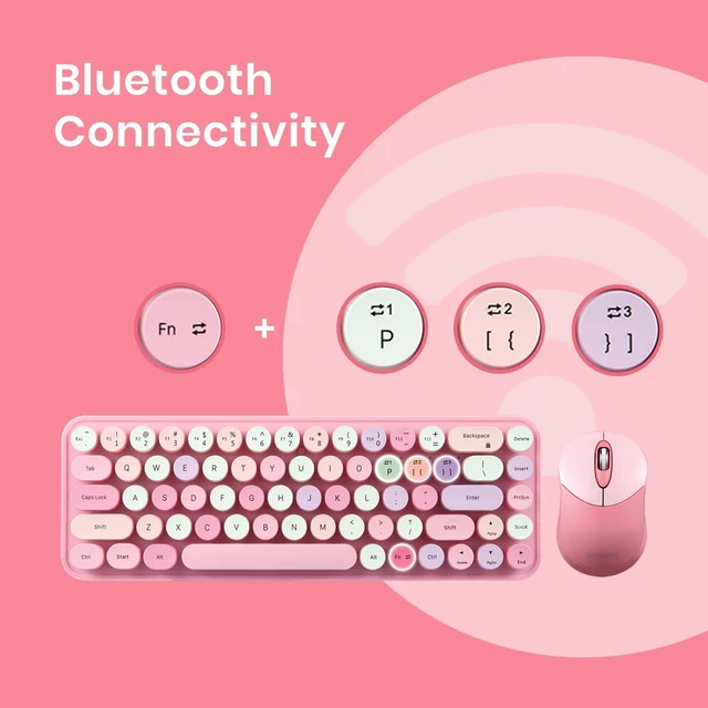 Alt view image 2 of 7 - Perixx PERIDUO-802PK Bluetooth Mini Keyboard and Mouse Combo - Retro Round Key Caps - Pastel Pink - US English