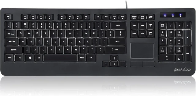 Main image of Perixx Periboard-313 Wired USB Backlit Keyboard with Touchpad, Full Size Layout, 3 Level LED Backlit Design, Black, US English Layout (11445)