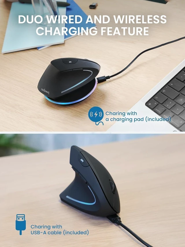 Alt view image 2 of 7 - Perixx PERIMICE-713LRX - Left Handed Cordless Rechargeable Vertical Mouse - Duo Wired and Wireless Charging Feature - Charger Included - Black