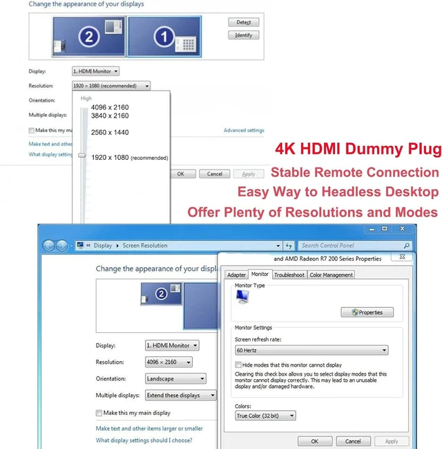 Alt view image 3 of 7 - 4K HDMI Dummy Plug Display Emulator Headless Ghost Adapter Compatible with Windows Mac OSX Linux Support 4kx2k 2160P 1080p for Computer Desktop (fit-Headless, 1 Pack)