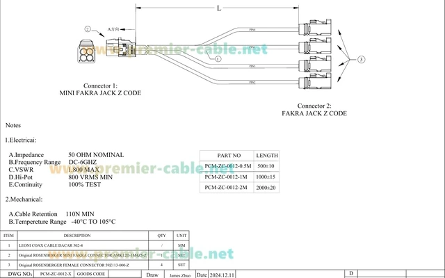 Alt view image 5 of 7 - Rosenberger Quad HFM Mini FAKRA Z Code Female to Fakra Female Four Ports Automotive RF Coaxial Cable 4-in-1 AMK12D-1M4Z5-Z to 59Z113-000-Z GMSL FPD-Link Camera Vehicle LVDS Data Cable (1M/3.28FT)
