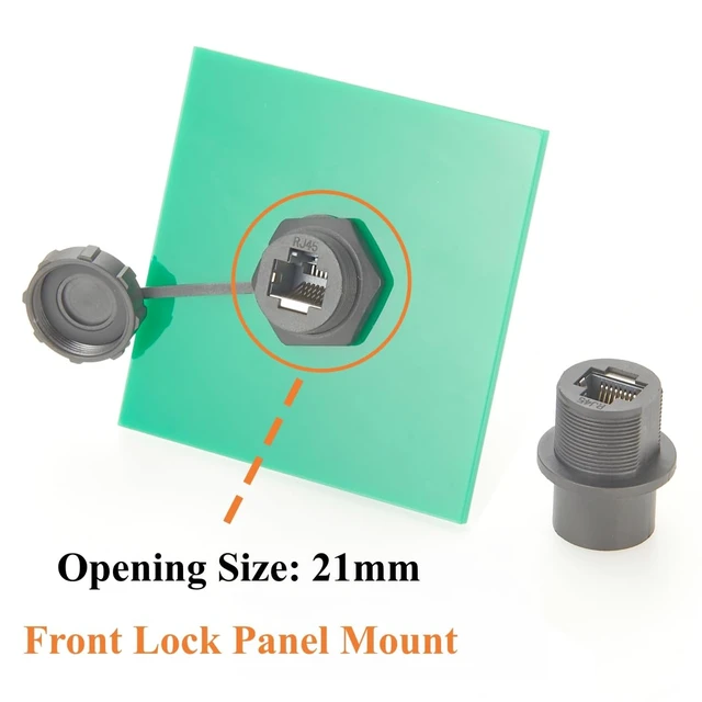 Alt view image 2 of 7 - IP67 Waterproof RJ45 Cat5e Ethernet Coupler Flush Panel Mount Female to Female Bulkhead Pass Through LAN Network Shielded Connector with Dust Cap (Front Lock, 1PCS)
