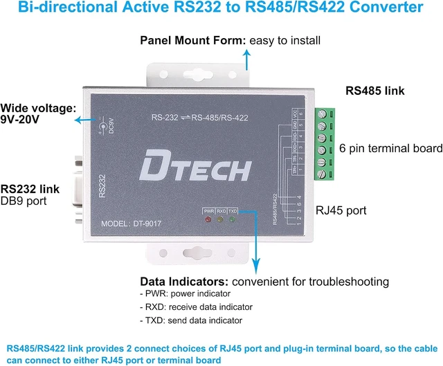 Alt view image 3 of 4 - DTECH Bi-Directional Active RS232 to RS485 RS422 Serial Converter with Surge Protection 600W 15KV ESD DB9 to RJ45 Phoenix Contacts Adapter Power Supply TX RX LEDs for Long Haul Data Communication