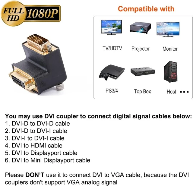 Alt view image 6 of 6 - DTech DVI Adapter 90 Degree DVI-I Female to DVI-D Male Right Angle Connector Converter Installed in Little Space 1080P Digital Video for Computer Monitor PC Older Projector TV