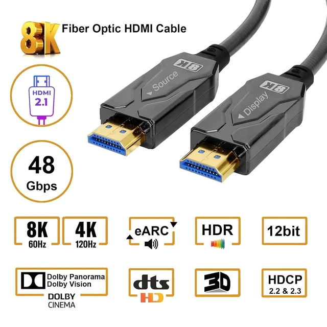 Alt view image 2 of 6 - DTECH 8K HDMI Fiber Optic Cable 2.1 4K 120Hz 8K60Hz 48Gbps High Speed HDR eARC HDCP 2.2 Outdoor Armored Long HDMI Cord 32 ft Waterproof IP68 for Monitor Laptop Gaming TV Xbox PS4/PS5, Unidirectional